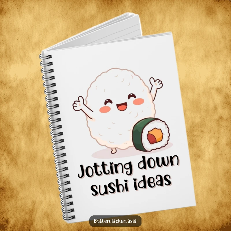 Funny Notebook with a smiling blob of rice waving joyfully near a small sushi roll, perfect for jotting down cute food-related ideas.
