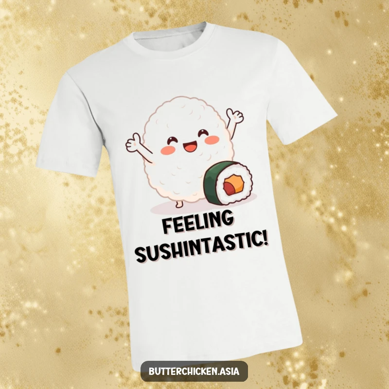 Funny T-Shirt with a smiling blob of rice and tiny arms waving joyfully near a small sushi roll, offering cute food humor.