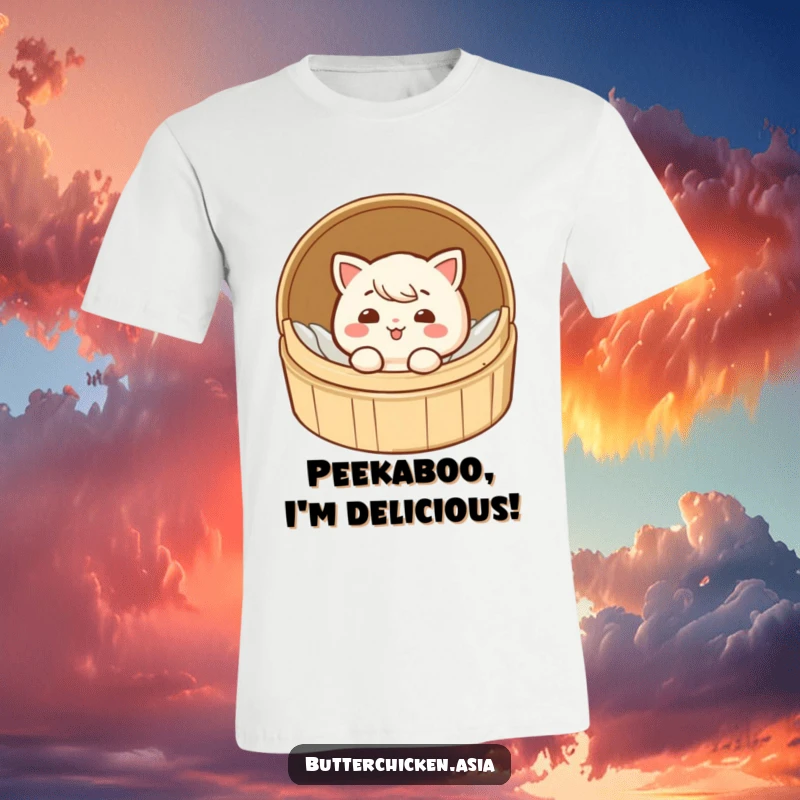 Funny dim sum t-shirt featuring a giggling character peeking mischievously from the top of a bamboo steamer.