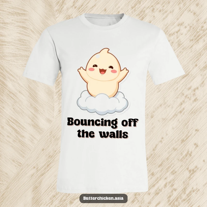 Funny dumpling t-shirt featuring a playful character joyfully bouncing on a cloud, showcasing cute whimsicality and lighthearted fun.