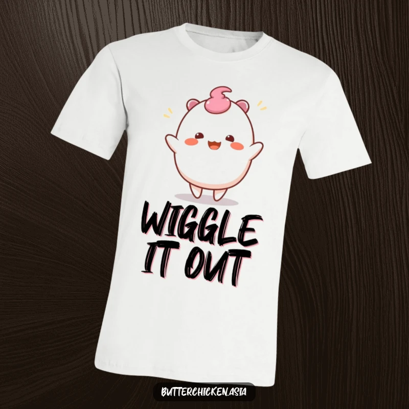 Funny Mochi T-Shirt: a wobbly mochi character performs a joyful wiggle dance. A cute and funny gift for sweet lovers.