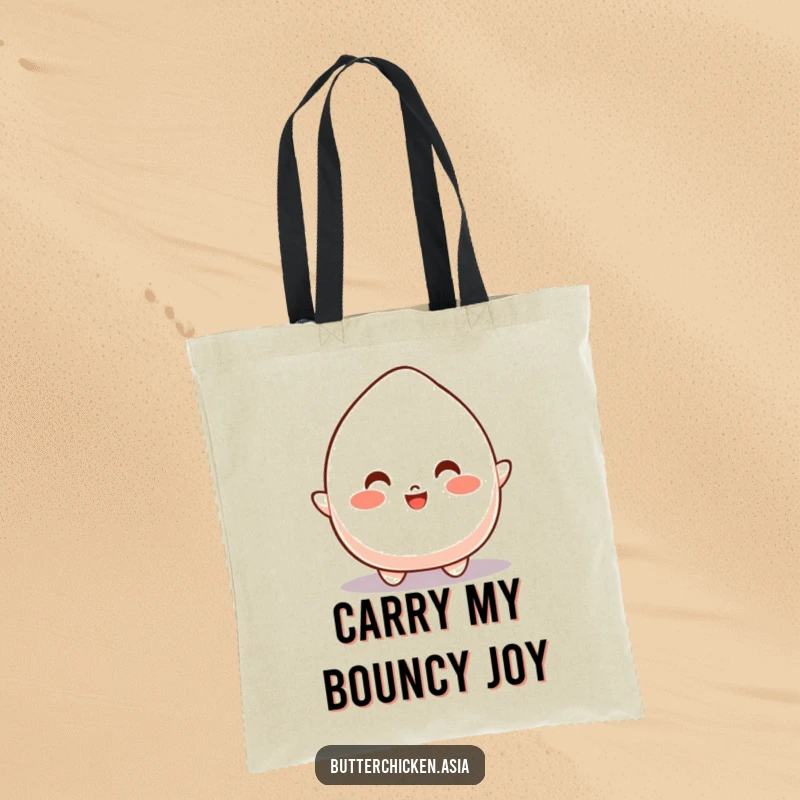 Funny Tote Bag with a bouncy mochi character joyfully leaping, perfect for carrying daily necessities with enthusiasm.
