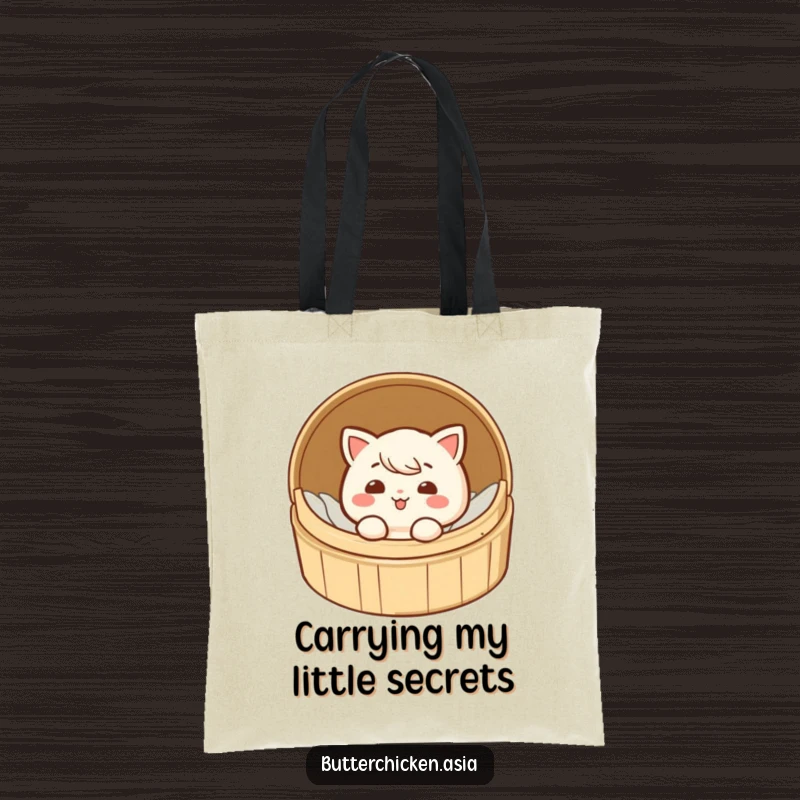 Funny dim sum tote bag with a giggling character playfully peeking over the edge of a bamboo steamer.