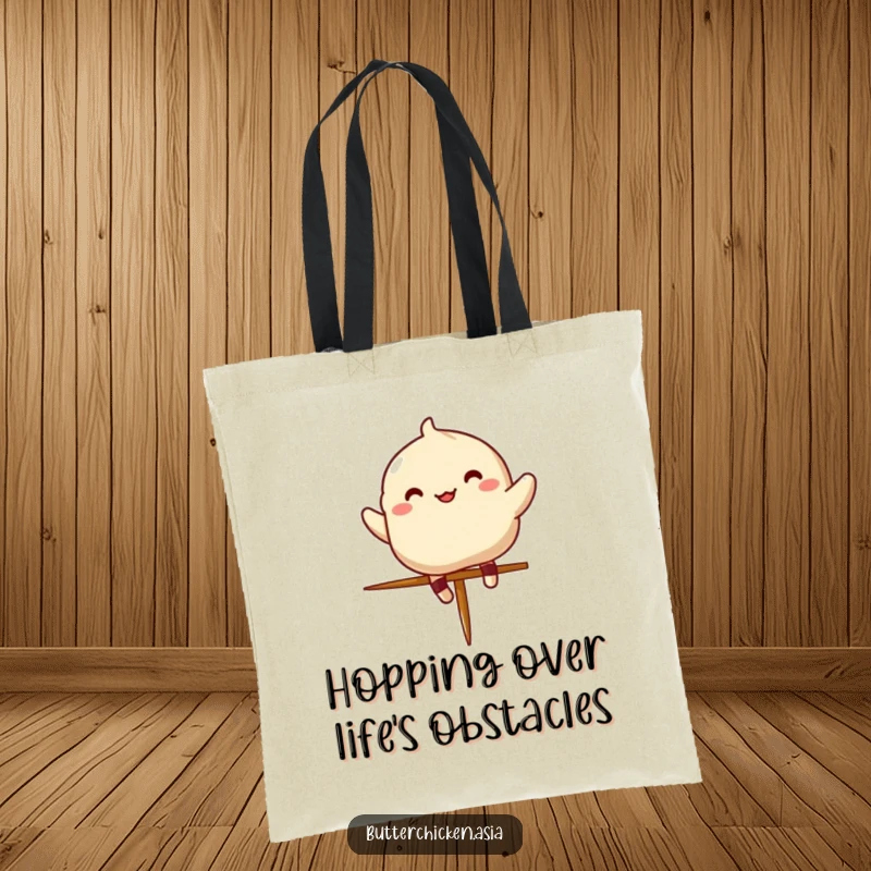 Funny dumpling tote bag depicting a happy character mid-jump over a tiny chopstick, perfect for groceries or books.