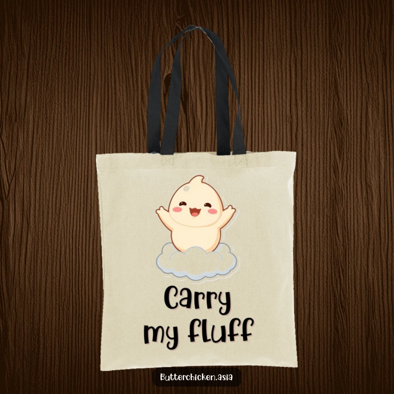Funny dumpling tote bag showing a playful character joyfully bouncing on a cloud, ideal for carrying daily necessities with whimsical flair.
