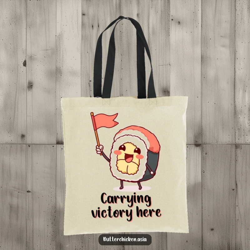 Funny Sushi Roll Tote Bag: a happy sushi character waves a flag, ready for adventure. Carry your essentials in style with this funny gift.