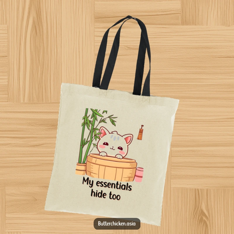 Funny Tote Bag showcasing a shy wonton character peeking from behind a bamboo steamer, ideal for discreet carrying.