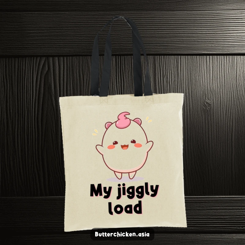 Funny Mochi Tote Bag: a wobbly mochi character does a joyful wiggle dance. A sweet bag for a funny gift.